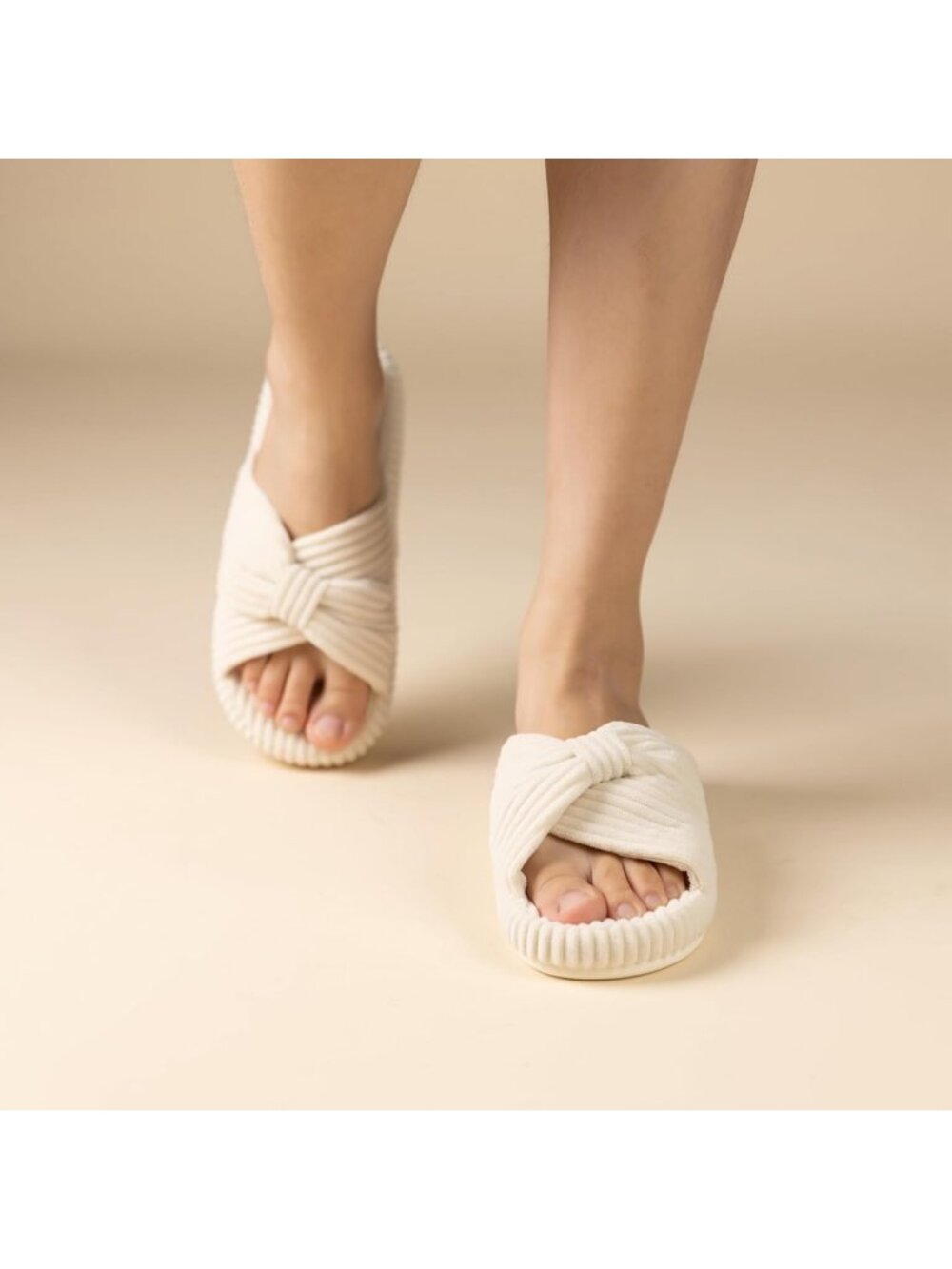 Women's Beige Memory Foam House Corduroy Bow Crossbands Comfy Soft Slipper Shoes - Picture 2 of 6